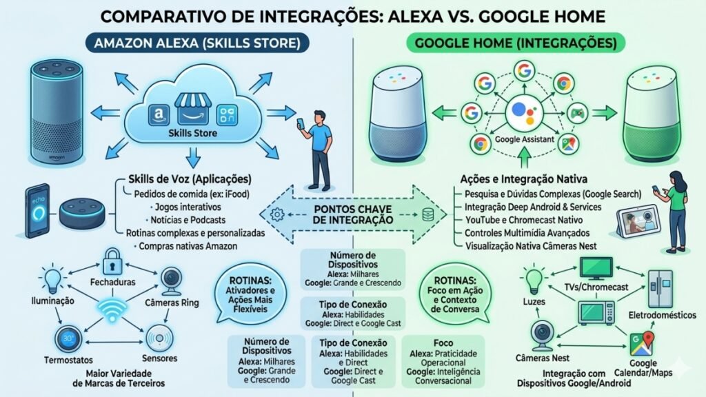 comparativo de funcionalidades Alexa vs Google Home brasil