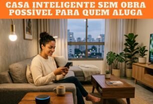 casa inteligente em apartamento alugado sem obra: sala com Echo Dot e lâmpada inteligente