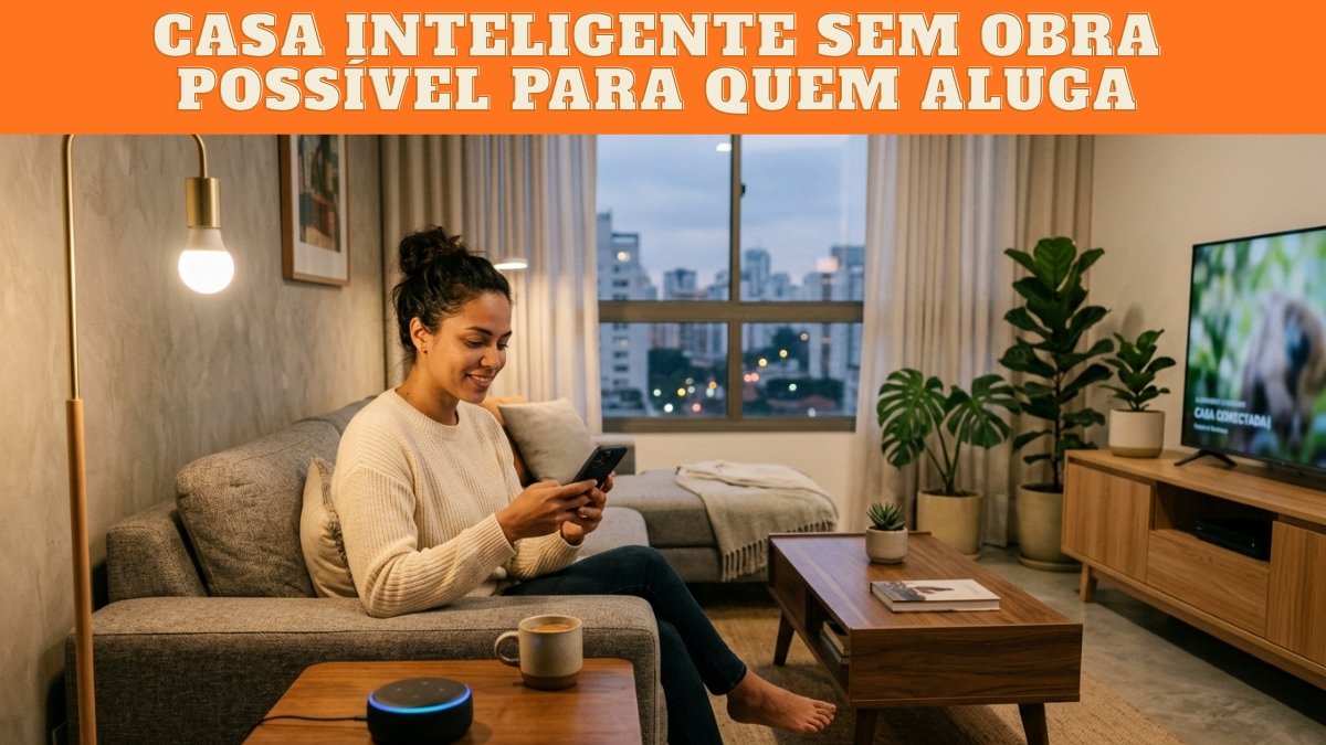 casa inteligente em apartamento alugado sem obra: sala com Echo Dot e lâmpada inteligente