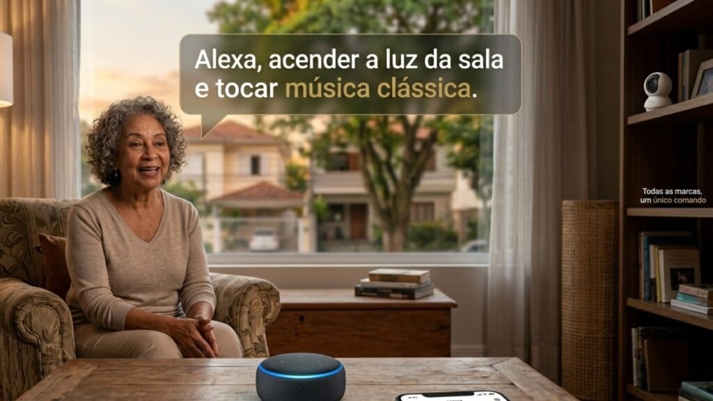 idoso usando assistente de voz casa inteligente Amazon Alexa