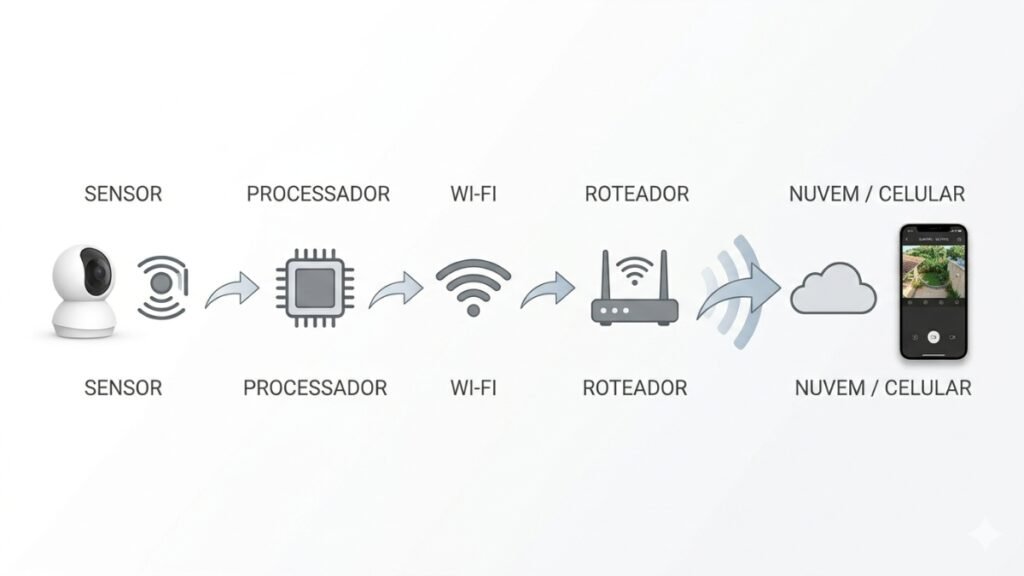 como funciona uma camera Wi Fi residencial diagrama